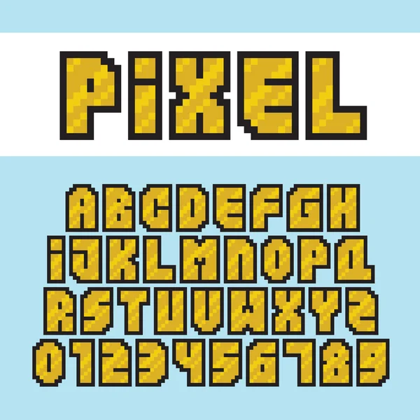 Pixel art stijl gouden alfabet en cijfers vector lettertypeset — Stockvector