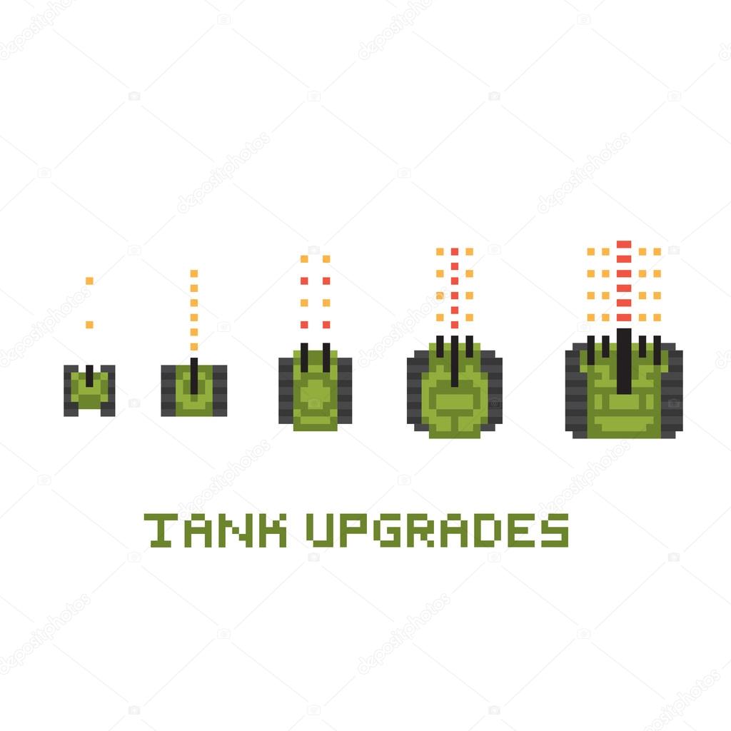 Pixel art style army tank game upgrades vector set