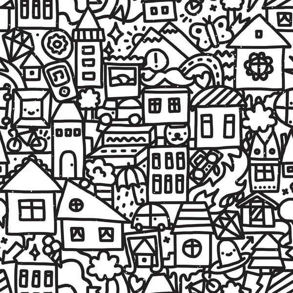 Seamless doodle city vector pattern — Stock Vector