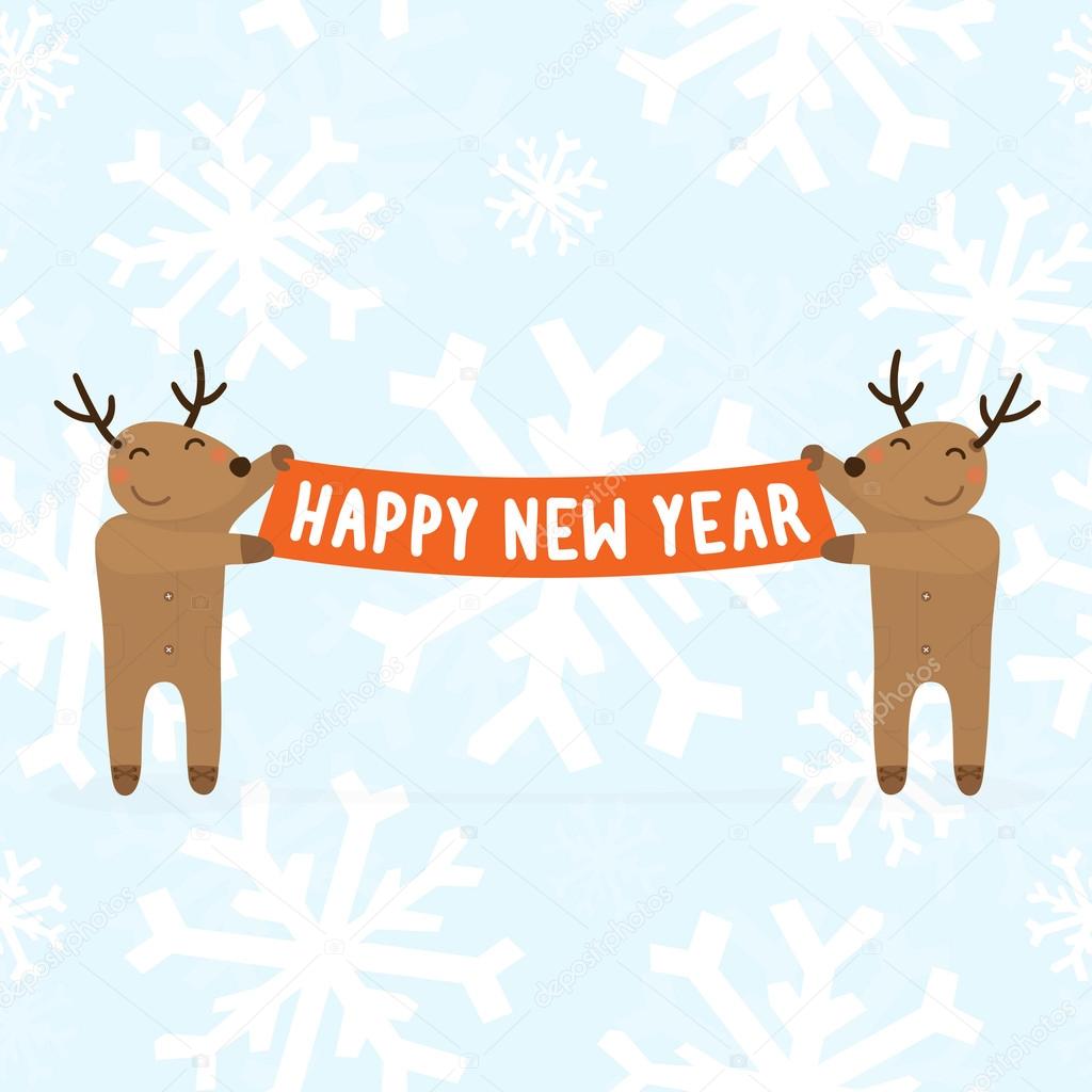 Two cartoon deers holding Happy new year sign