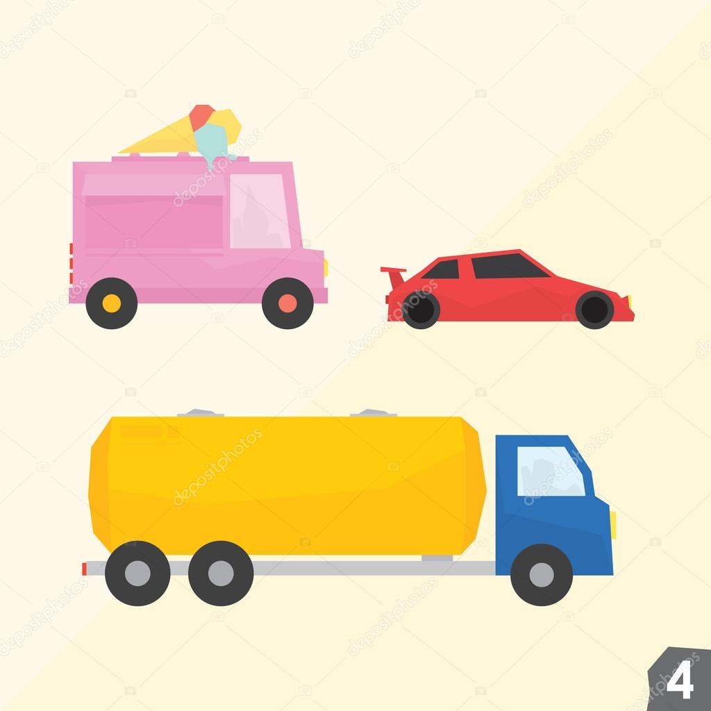 Ice cream van, sport car, gasoline truck. Transportation vector set 4