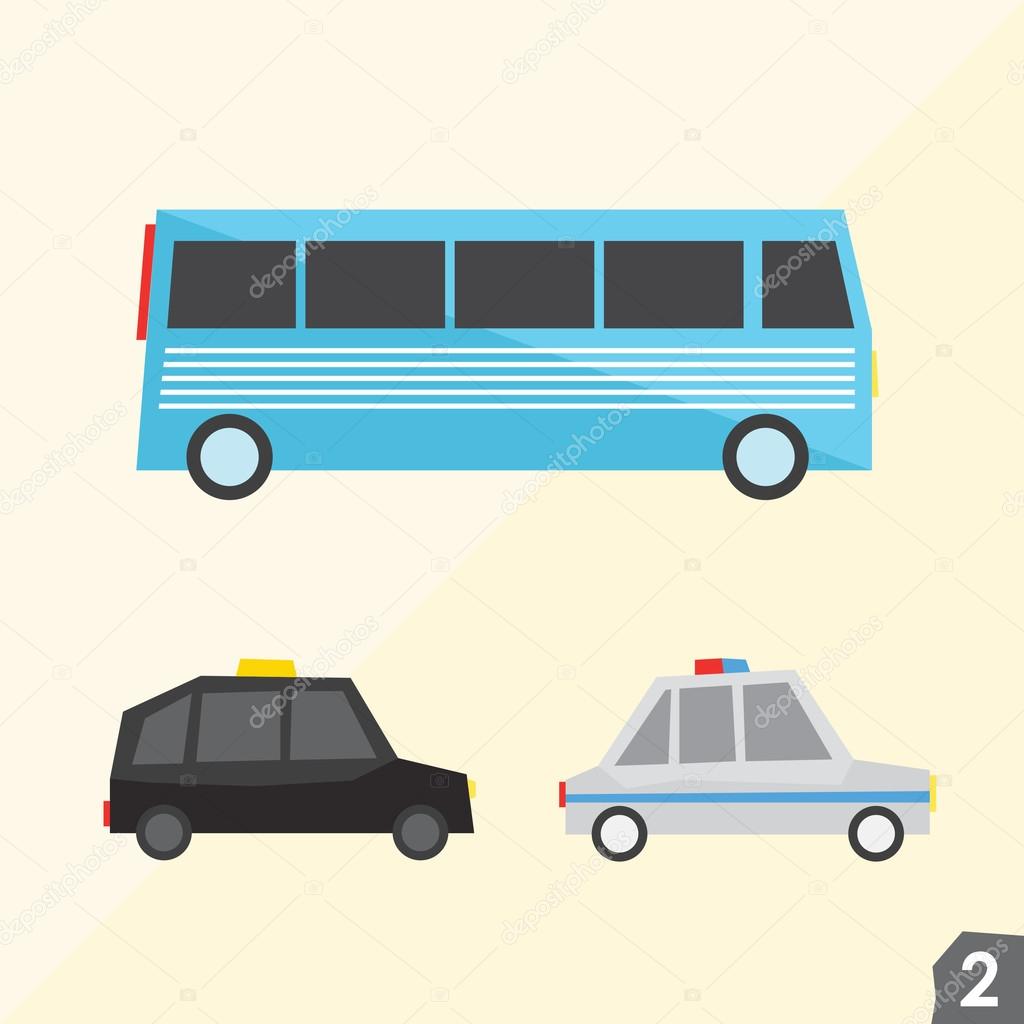 Blue bus, taxi cab, police car. Transportation vector set 2