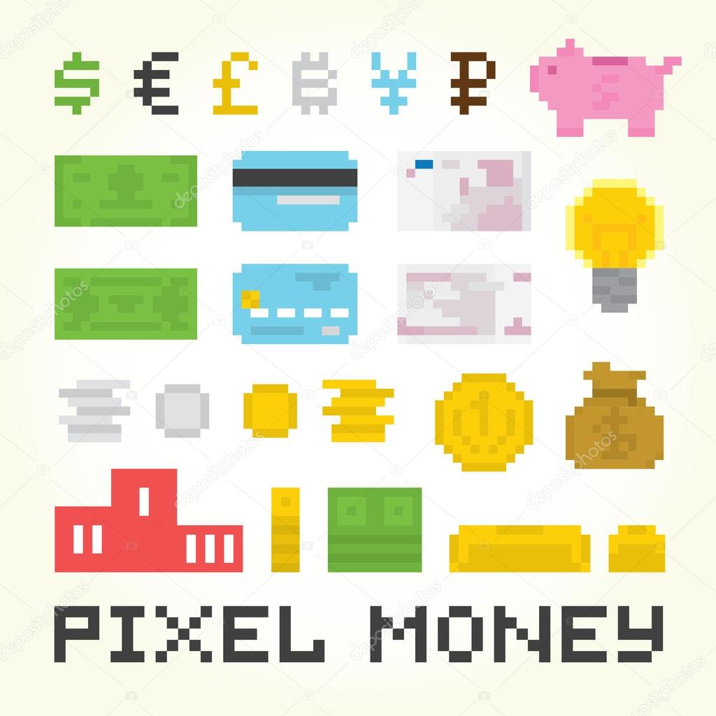 Pixel art money vector set