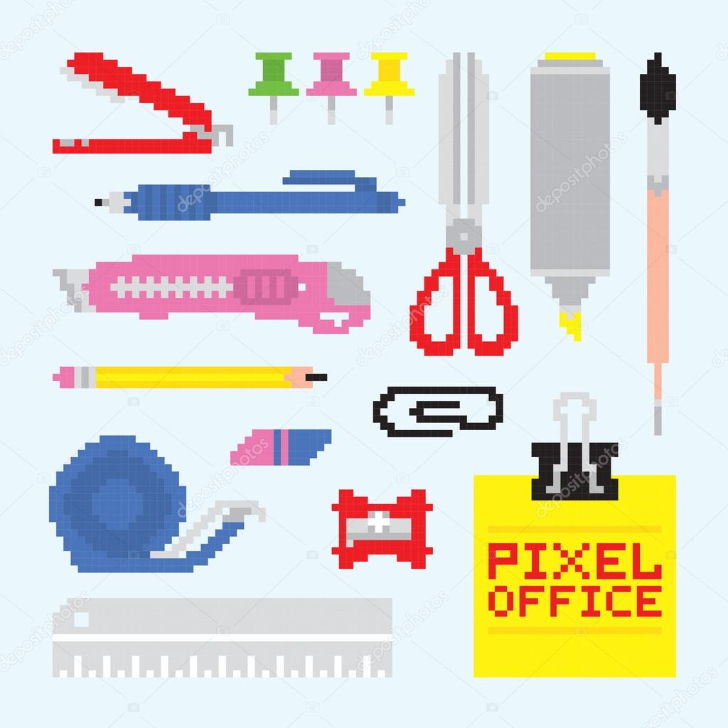 Pixel art isolated office tools vector set