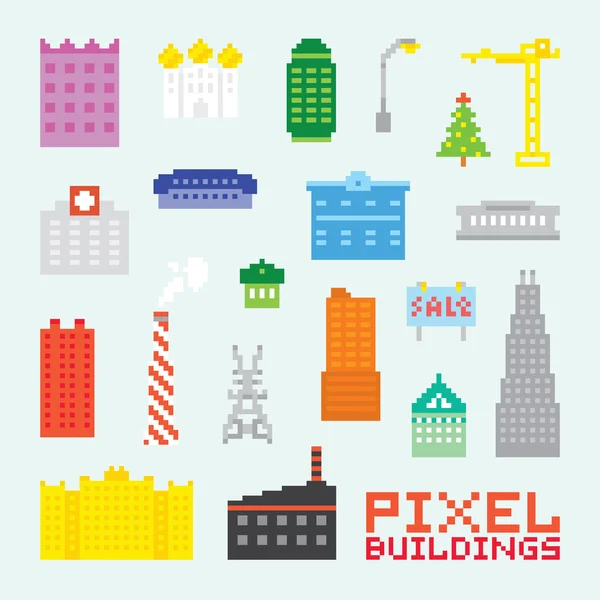 Set vettoriale di edifici isolati in pixel art — Vettoriale Stock