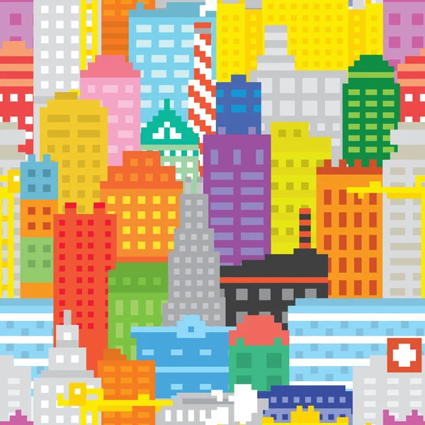 Pixel art city seamless vector pattern — Stock Vector