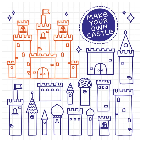 Faça o seu próprio castelo. Conjunto de vetor de torre de doodle desenhado à mão —  Vetores de Stock