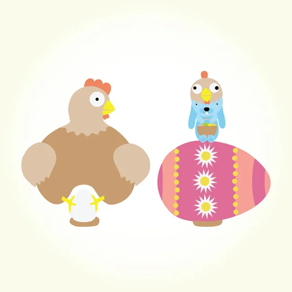 Dibujos animados Pascua pollo y conejito aislado vector — Vector de stock