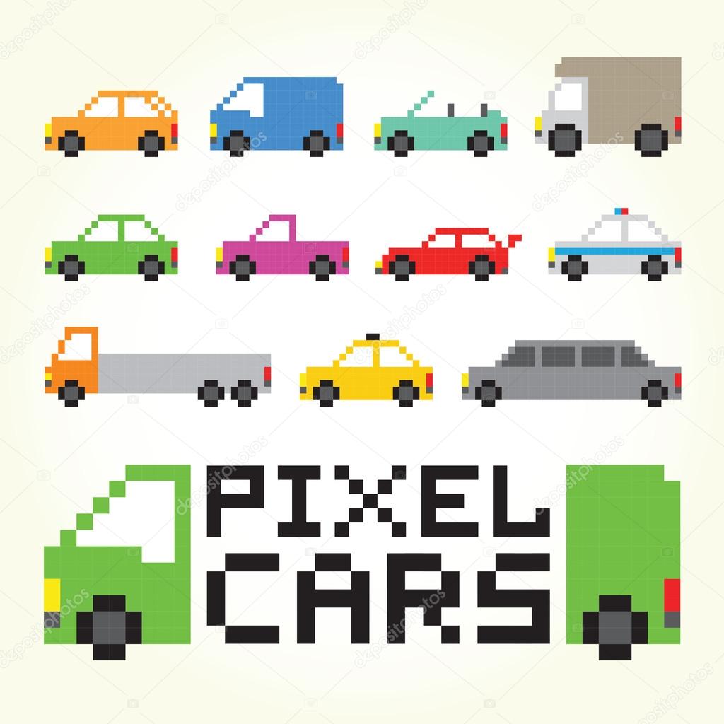 Pixel art cars isolated vector set