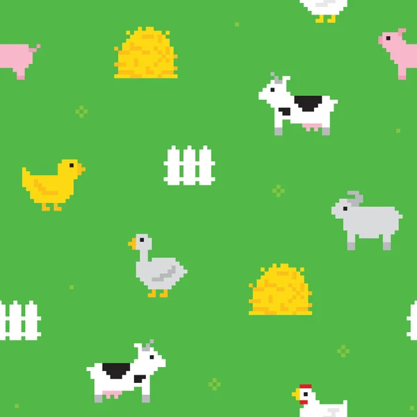 Cute farm pixel art seamless vector pattern — Stock Vector