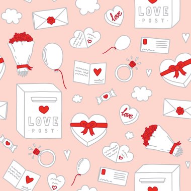Valentines Day hand drawn objects seamless vector pattern clipart