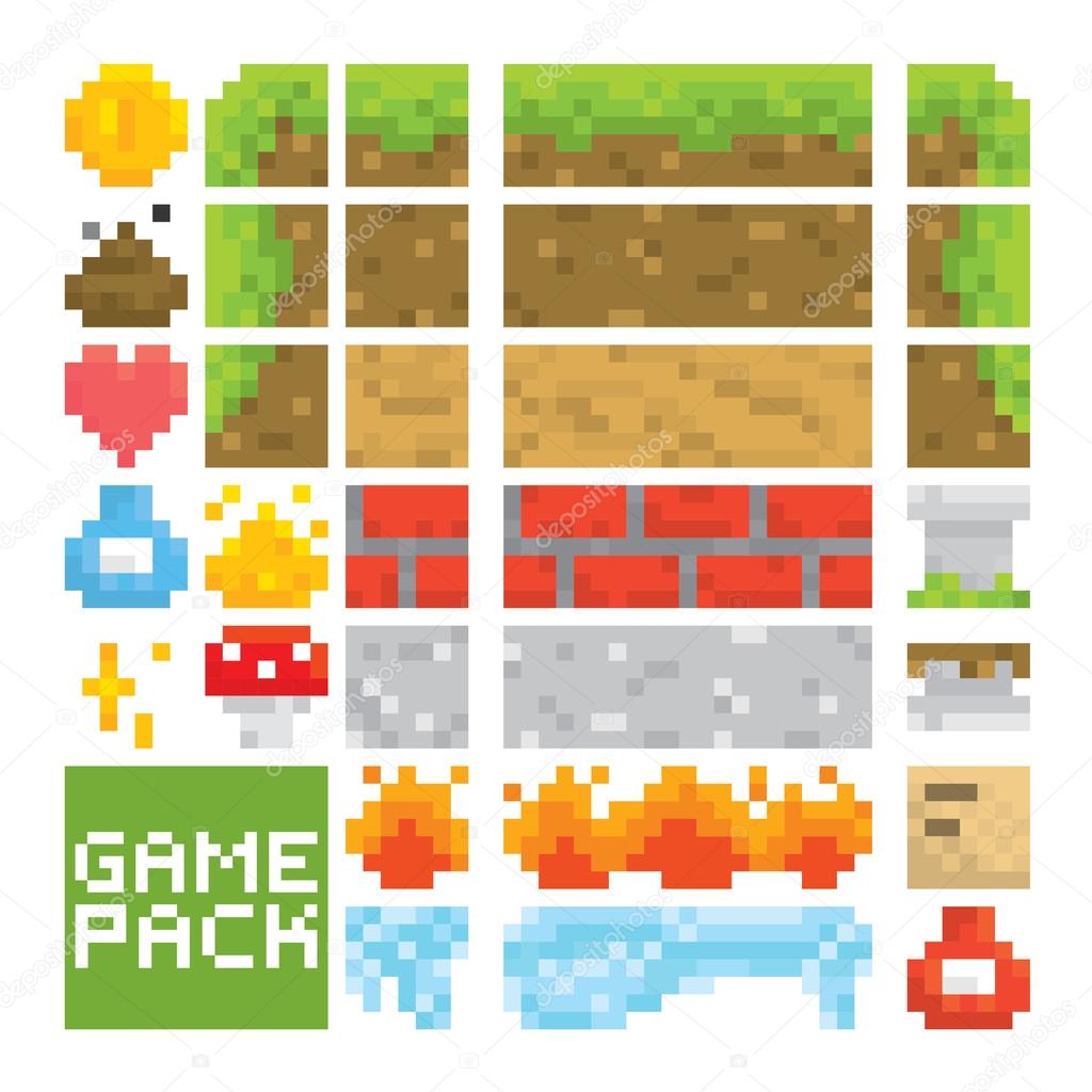 Pixel art style game level vector assets objects