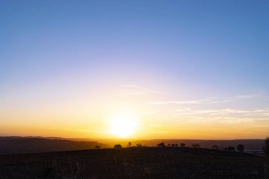 Bir tarlada sarı ve mavi tonlarda gün batımı