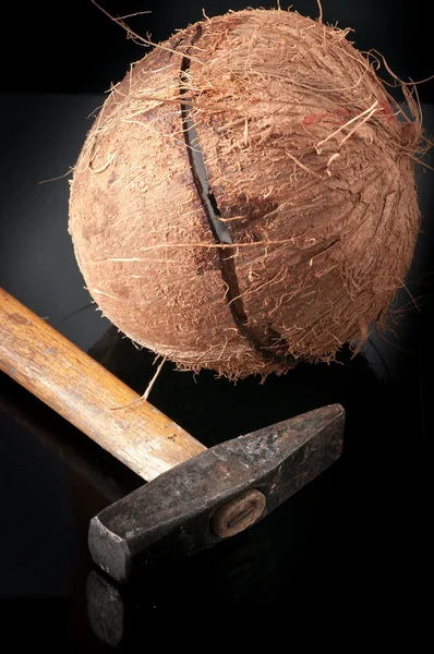 Noix de coco cassée en deux avec un marteau — Photo