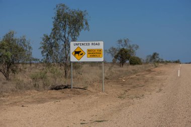 Queensland, Avustralya 'da çitsiz, mühürsüz toprak bir yolun yanına işaret koy. Yol çitle çevrili değil ve sığırlara dikkat et..