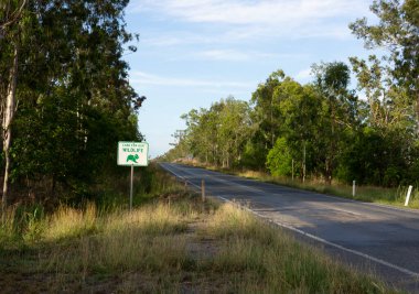 Central Queensland 'da Nebo yakınlarındaki bir otoyolun kenarındaki vahşi yaşam tabelamız sürücülerin koalalara ve yoldaki diğer hayvanlara karşı daha dikkatli olmalarına yardımcı oluyor..