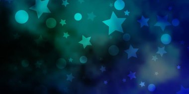 Işık Mavisi vektör düzeni, daireler, yıldızlar. Baloncuklu, yıldızlı, gradyan tarzda soyut tasarım. Pencere perdeleri, perdeler için doku.