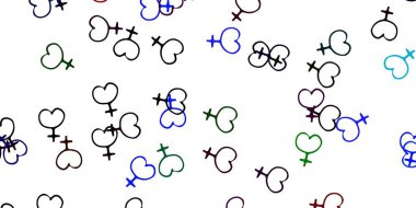 Kadın güç sembolleriyle ışık çok renkli vektör arkaplanı. Modern stilde eğilim gösteren renkli feminizm sembolleri. Duvar kağıtları için zarif tasarım.