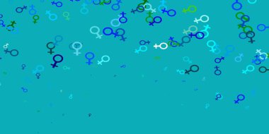 Açık mavi, üzerinde iş kadını işaretleri olan yeşil vektör şablonu. Modern stilde eğilim gösteren renkli feminizm sembolleri. Uygulamalar için yeni tasarım.