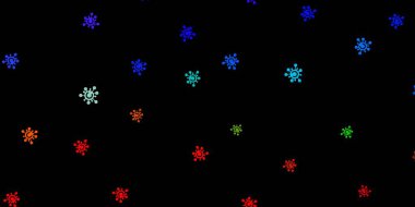 Covid-19 sembollü koyu renkli vektör arkaplanı. Enfeksiyon formları ile soyut tarzda basit tasarım. Sağlık korunması için duvar kağıdı.