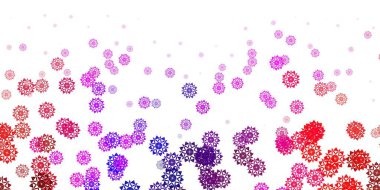 Açık pembe, renkli kar taneleri olan kırmızı vektör deseni. Buzlu, karlı, kar taneli basit bir çizim. Yeni yıl reklamı, kitapçık deseni.