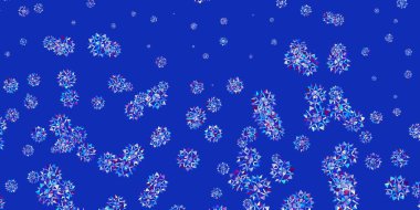Açık pembe, güzel kar taneleri olan mavi vektör düzeni. Soyut renkli kar taneleri ve kar elementleri. Yeni Yıl Broşürü Deseni.
