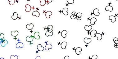 Kadın güç sembolleriyle ışık çok renkli vektör arkaplanı. Modern stilde eğilim gösteren renkli feminizm sembolleri. Duvar kağıtları için zarif tasarım.