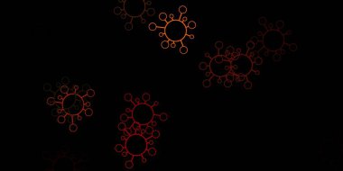 Koyu turuncu vektör arkaplan ve covid-19 sembolleri. Dekoratif tarzında renkli işaretleri olan akıllı illüstrasyon. Biyolojik tehlike uyarısı için tasarım.