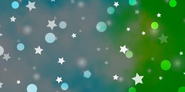 Açık mavi, daireli yeşil vektör şablonu, yıldızlar. Renkli noktalı soyut çizimler, yıldızlar. Kumaş ve duvar kağıtlarının dizaynı için desen.