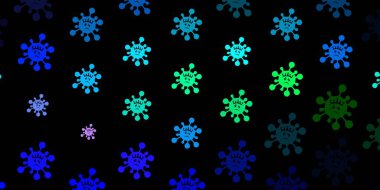 Koyu mavi, yeşil vektör desenli ve koronavirüs elementli. Değişik tıbbi şekillere sahip renkli soyut çizimler. Tehlike ateşine karşı basit çizim.