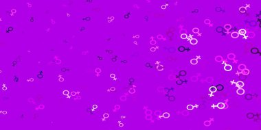 Kadın hakları sembollü açık pembe vektör dokusu. Modern stilde eğilim gösteren renkli feminizm sembolleri. Uygulamalar için yeni tasarım.