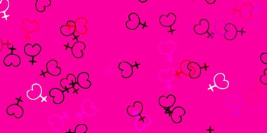 Üzerinde kadın güç sembolleri olan açık pembe vektör arkaplanı. Modern stilde eğilim gösteren renkli feminizm sembolleri. Uluslararası Kadınlar Günü için Tasarım