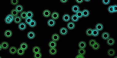 Koyu yeşil vektör arkaplan ve covid-19 sembolleri. Basit ve soyut bir şekilde renkli hastalık sembolleri. Sağlık korunması için duvar kağıdı.