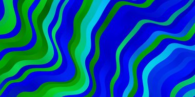 Açık mavi, kıvrımlı yeşil vektör arkaplan. Renkli çizgilerle dairesel çizimler. Broşürler, broşürler için desen.