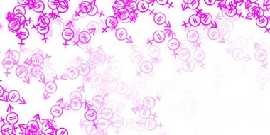 Feminizm elementleriyle açık pembe vektör deseni. Modern stilde eğilim gösteren renkli feminizm sembolleri. Duvar kağıtları için zarif tasarım.