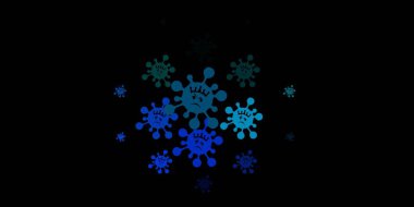 Koyu mavi, üzerinde grip belirtileri olan yeşil vektör şablonu. Enfeksiyon formları ile soyut tarzda basit tasarım. Salgın bilgisine karşı basit tasarım.