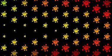 Koyu yeşil, virüs sembollü kırmızı vektör arkaplanı. Değişik tıbbi şekillere sahip renkli soyut çizimler. Tehlike ateşine karşı basit çizim.