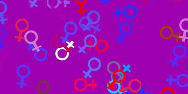 Açık mavi, kadın hakları sembollü sarı vektör dokusu. Kadın gücünün resmedildiği soyut bir çizim. Uluslararası Kadınlar Günü için arkaplan