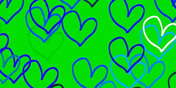 Azul Claro Fondo Verde Vector Con Corazones Brillantes Ilustración Decorativa — Archivo Imágenes Vectoriales