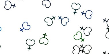 Açık mavi, üzerinde iş kadını işaretleri olan yeşil vektör şablonu. Modern stilde eğilim gösteren renkli feminizm sembolleri. Kadınların gücünü göstermek için en iyi tasarım..