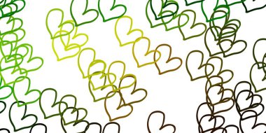 Açık yeşil, karalama kalpli sarı vektör şablonu. Romantik bir şekilde renkli kalplerle soyut bir tasvir. Sevgililer günü ilanı ve kitapçıkları için bir model..