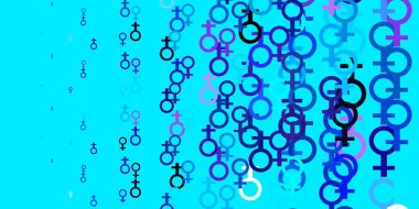 Açık pembe, kadın sembollü mavi vektör arkaplan. Kadın hakları aktivizmiyle soyut tarzda basit bir tasarım. Duvar kağıtları için zarif tasarım