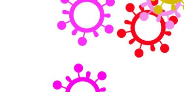 Açık pembe, yeşil vektör desenli ve koronavirüs elementli. Dekoratif tarzında renkli işaretleri olan akıllı illüstrasyon. Salgın bilgisine karşı basit tasarım.