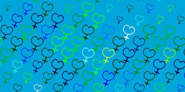 Açık mavi, üzerinde kadın güç sembolleri olan yeşil vektör arkaplan. Kadınların güç ve güç göstergelerini gösteren bir ilüzyon. Uluslararası Kadınlar Günü için Tasarım