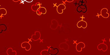 Feminizm elementleriyle açık turuncu vektör deseni. Kadınların güç ve güç göstergelerini gösteren bir ilüzyon. Uluslararası Kadınlar Günü için arkaplan