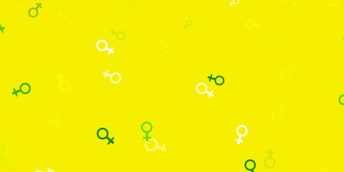 Açık yeşil, iş kadını işaretli sarı vektör şablonu. Modern stilde eğilim gösteren renkli feminizm sembolleri. Uluslararası Kadınlar Günü için Tasarım