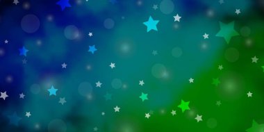 Açık mavi, daireli yeşil vektör düzeni, yıldızlar. Renkli noktalı soyut çizimler, yıldızlar. Tekstil, kumaş ve duvar kağıtları için tasarım.