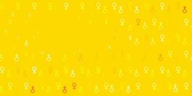 Üzerinde kadın güç sembolleri olan açık sarı vektör fon. Modern stilde eğilim gösteren renkli feminizm sembolleri. Web siteniz için basit tasarım.