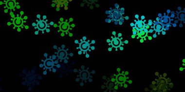 Koyu mavi, covid-19 sembollü sarı vektör arkaplan. Dekoratif tarzında renkli işaretleri olan akıllı illüstrasyon. Tehlike ateşine karşı basit çizim.