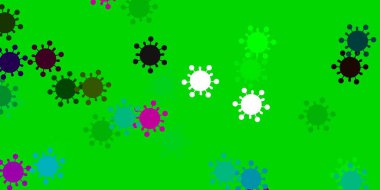 Açık pembe, covid-19 sembollü yeşil vektör arkaplan. Değişik tıbbi şekillere sahip renkli soyut çizimler. Salgın bilgisine karşı basit tasarım.